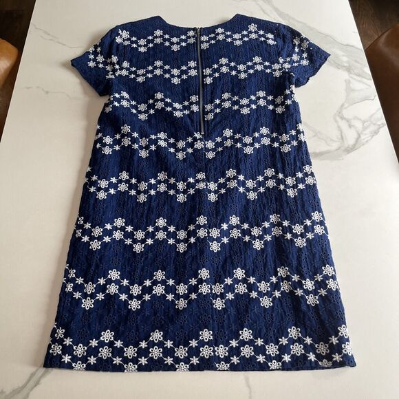 Jun Ivy Dress Embroided Cotton Sz Sm Floral Short Sleeve Mini Shift Lined Blue - Picture 10 of 12